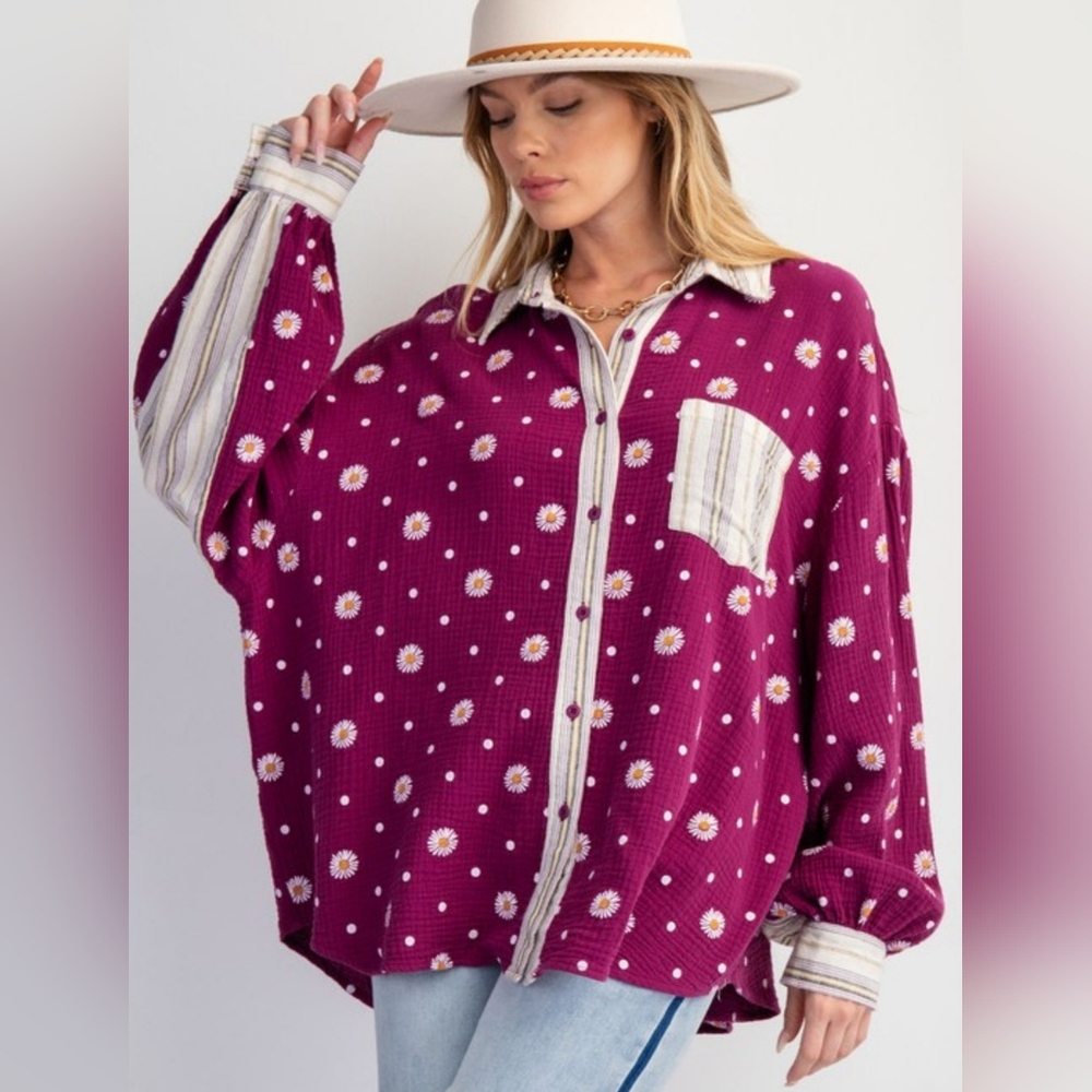 *$18 START* 2-0309 Daisy Cotton Gauze Button Down Oversized Purple Top